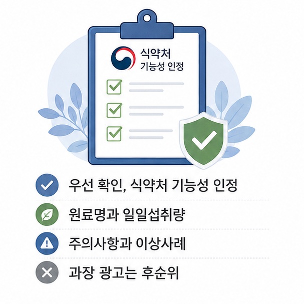식약처 기능성 인정 여부와 원료명, 일일섭취량, 주의사항을 확인해 다이어트 보조제의 선택 우선순위를 판단하는 방법을 보여 주는 그림