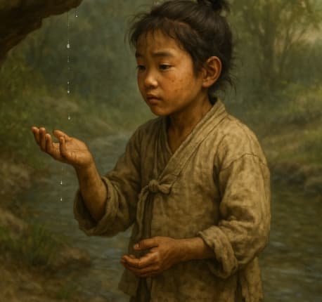 조선 초기 시냇가에서 떨어지는 물방울을 유심히 관찰하는 어린 소년의 모습,
가난한 신분 속에서도 자연의 원리를 탐구하며 과학자의 눈을 키워가던
장영실의 어린 시절을 상징적으로 표현한 장면