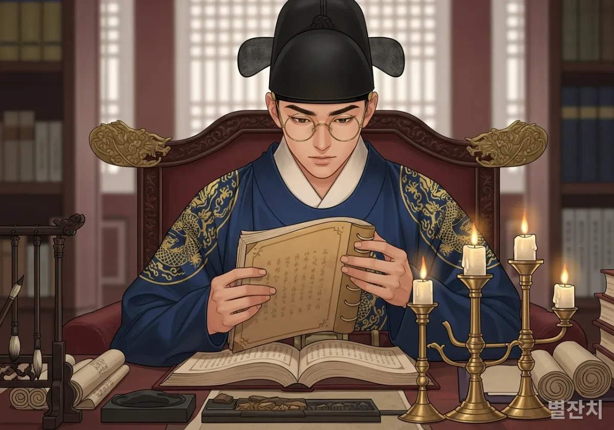 촛불 아래서 안경을 쓰고 책을 읽는 지적인 정조의 모습