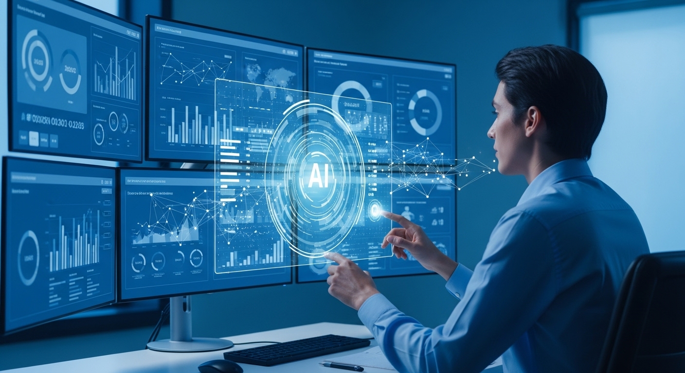 AI 비서가 실시간으로 복잡한 데이터를 분석하여 비즈니스 의사결정을 돕는 모습.