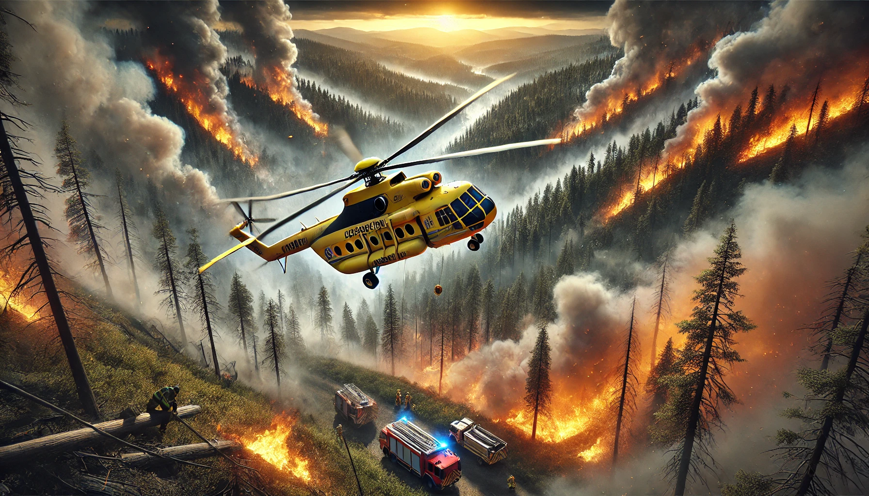 산불을 헬기를 이용해서 진화하는 이미지