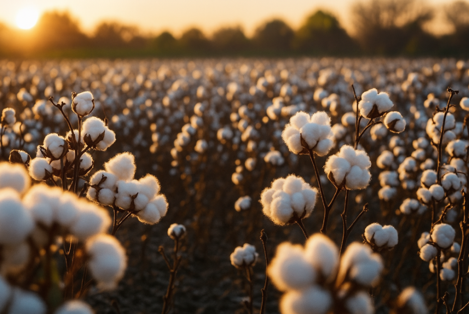 목화 농장에 목화솜이 피어있는 모습