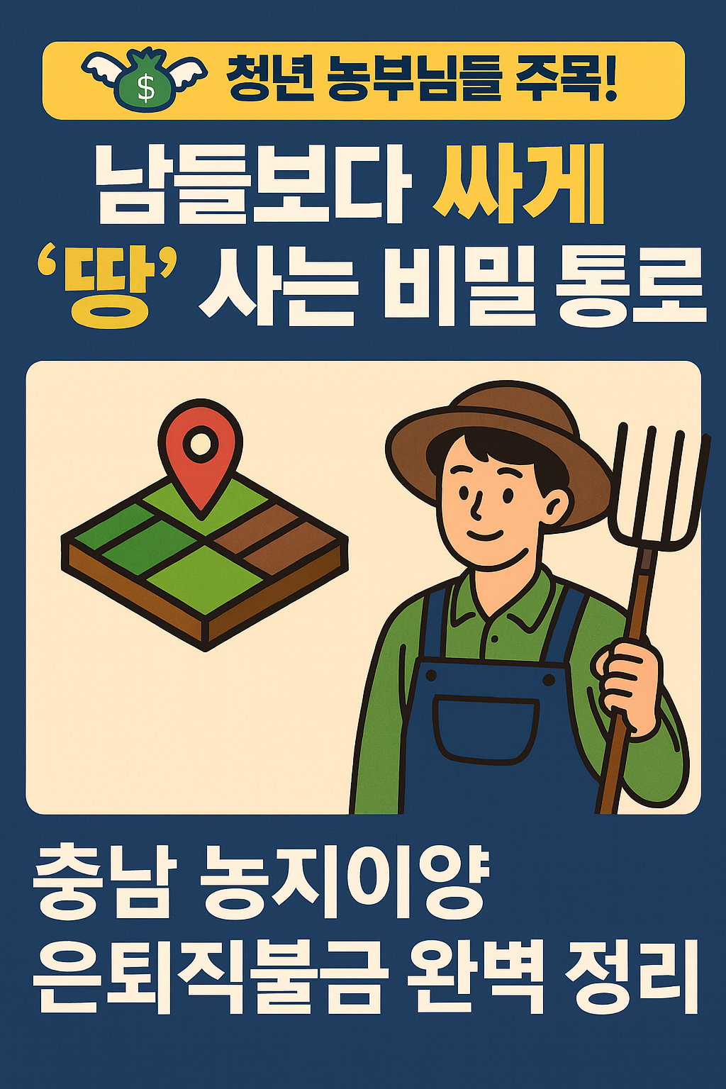 “청년 농부가 농지를 저렴하게 얻는 비밀 통로를 강조하는 홍보용 썸네일 이미지”