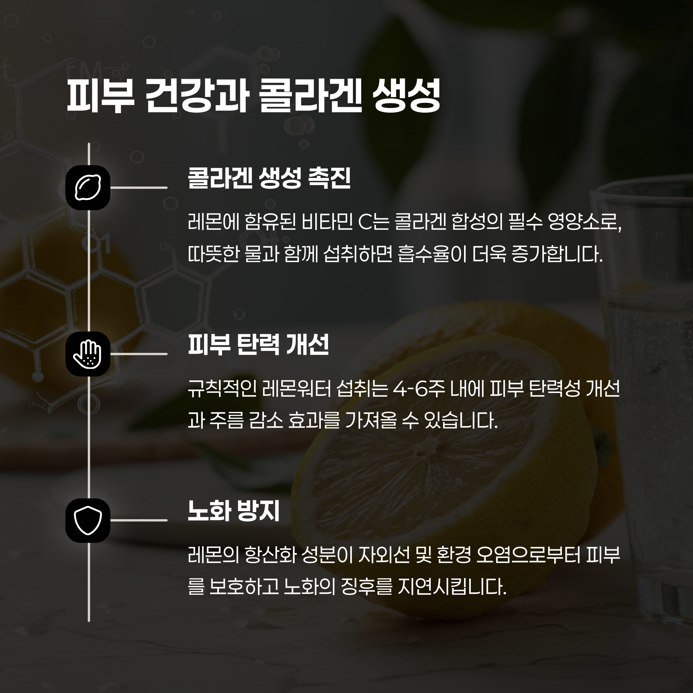 레몬워터의 피부 건강 효과 인포그래픽: 콜라겐 생성 촉진, 피부 탄력 개선, 노화 방지 효능 강조
