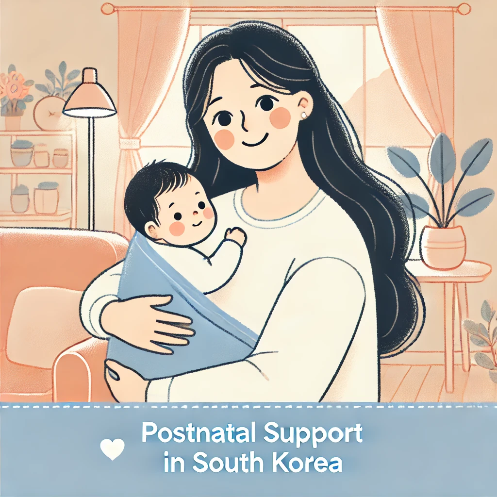 따뜻한 가정 환경에서 신생아를 품에 안고 있는 행복한 어머니의 일러스트. 이 이미지는 한국의 산모·신생아 건강관리 지원 프로그램을 상징하며, 건강하고 안정적인 출산 후 케어를 나타냅니다. 배경은 아늑하고 편안한 분위기로, 산모와 아기의 건강과 행복을 강조합니다.