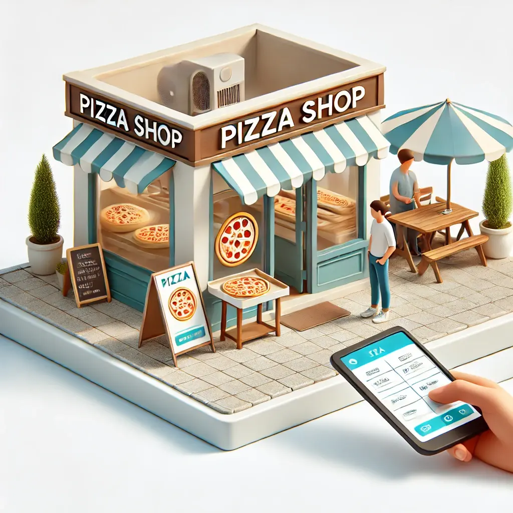 작은 피자가게 앞에서 하루 활동량을 관찰하는 사람이 있는 3D 스타일 일러스트