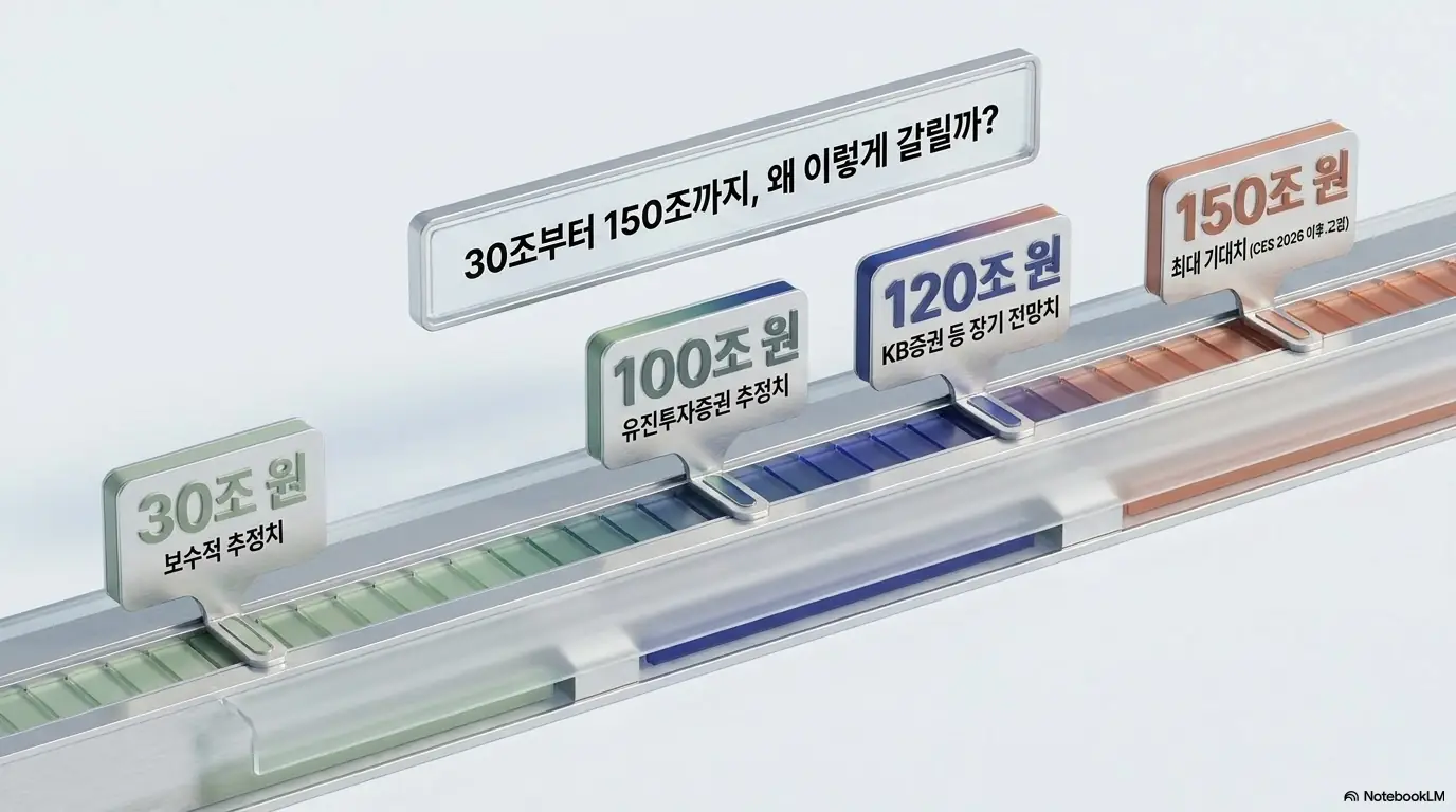 보스턴다이내믹스 기업가치 추정 범위를 보여주는 이미지. 보수적 추정치 30조 원부터 유진투자증권 100조, KB증권 장기 전망 120조, 최대 기대치 150조 원까지 증권가의 몸값 추정이 갈리는 구조를 설명함