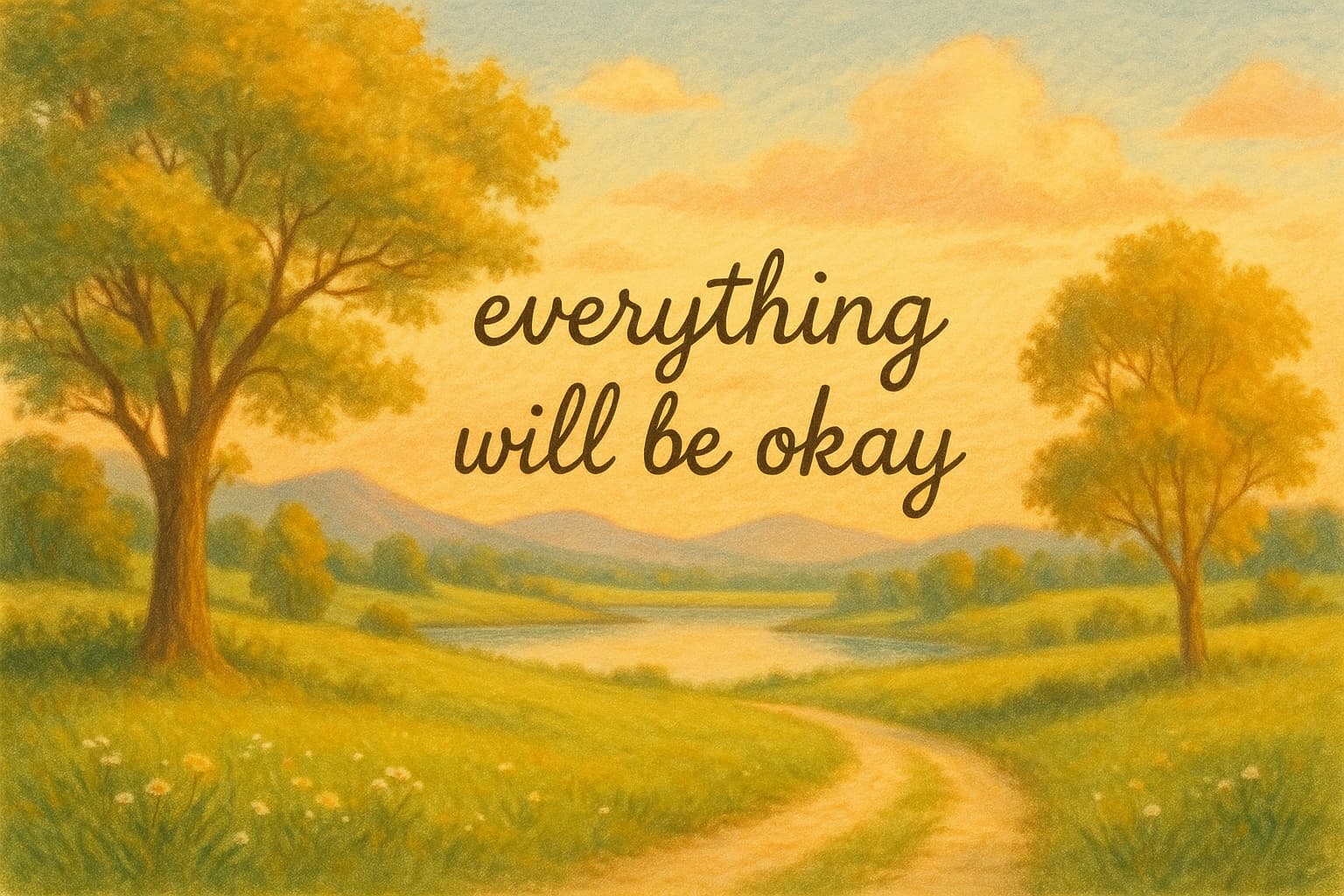 평온한 자연 풍경 속, 부드러운 황금빛 하늘 아래 "everything will be okay"라는 따뜻한 메시지가 적혀 있는 이미지. 나무와 들꽃, 강이 어우러진 고요한 목가적 장면이 연출됨.