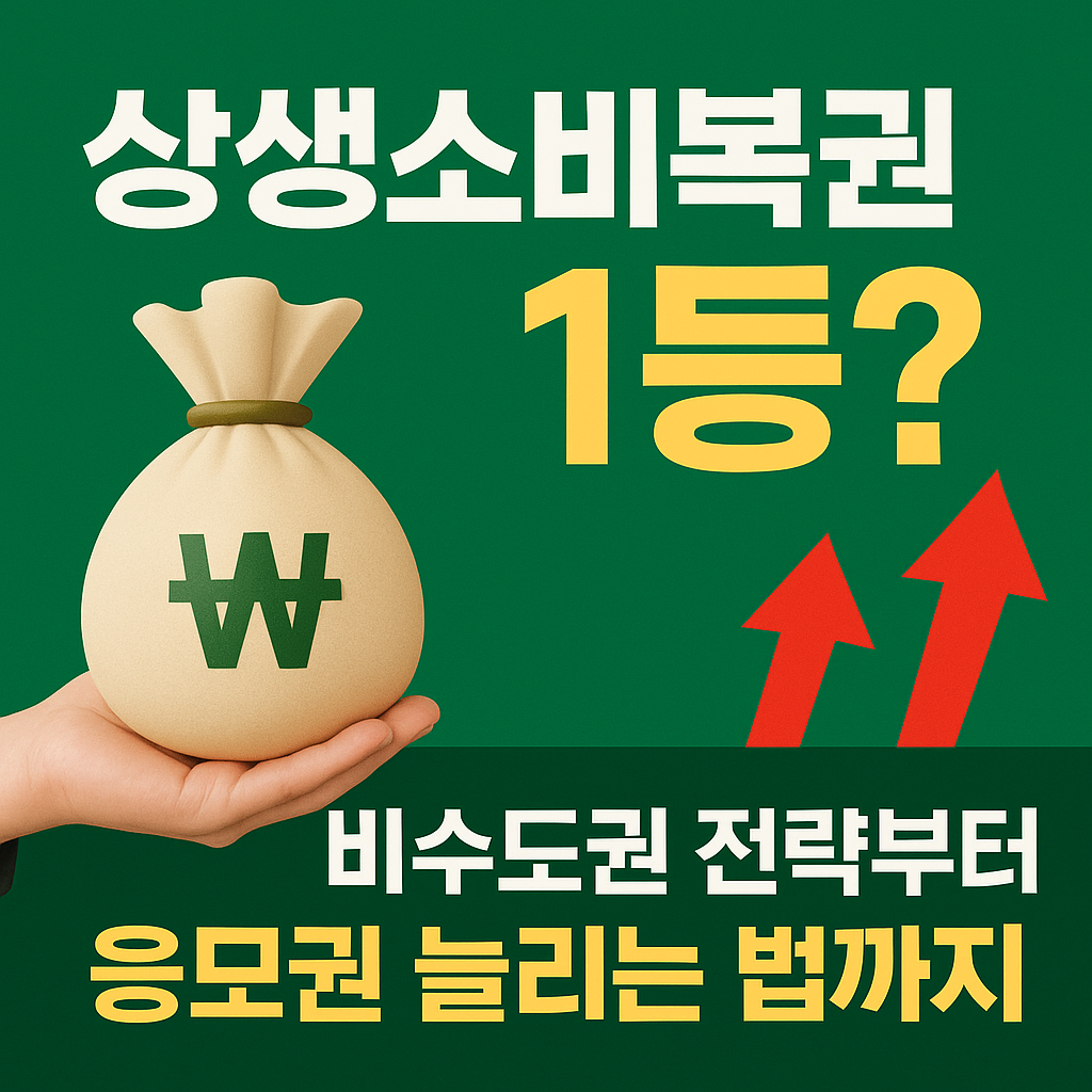 상생소비복권 1등? 텍스트와 함께, 손에 쥔 원화 기호가 새겨진 돈주머니와 상승을 의미하는 빨간 화살표가 강조된 썸네일 이미지
