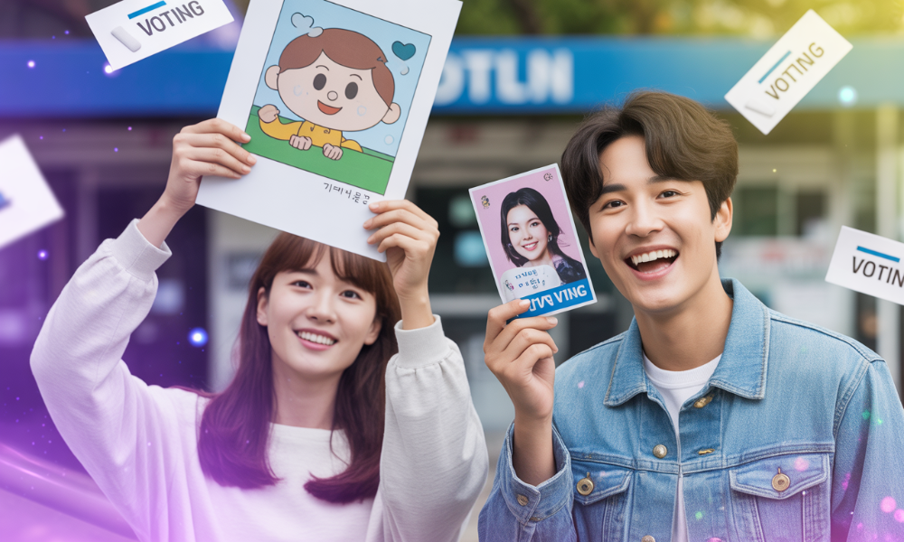 MZ세대가 개성 있는 투표 인증 용지와 아이돌 포토카드를 들고 투표소 앞에서 웃으며 인증샷을 찍는 모습.