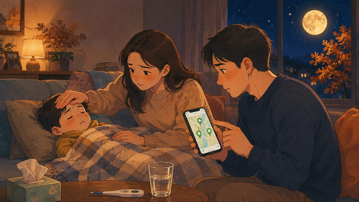 아픈아이와 약국찾는 부모님