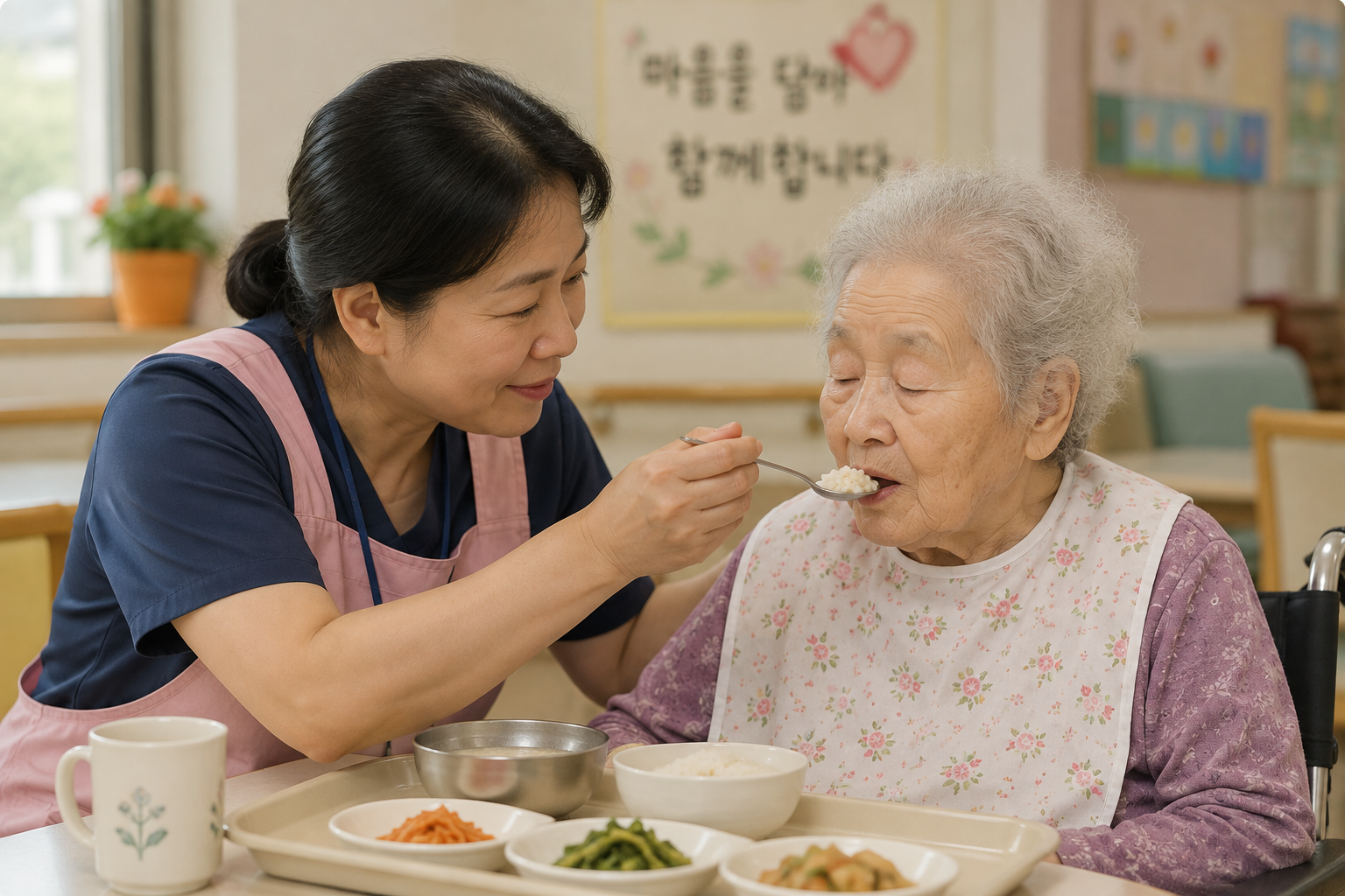 치매 어르신에게 식사를 떠먹여 드리는 요양보호사의 모습