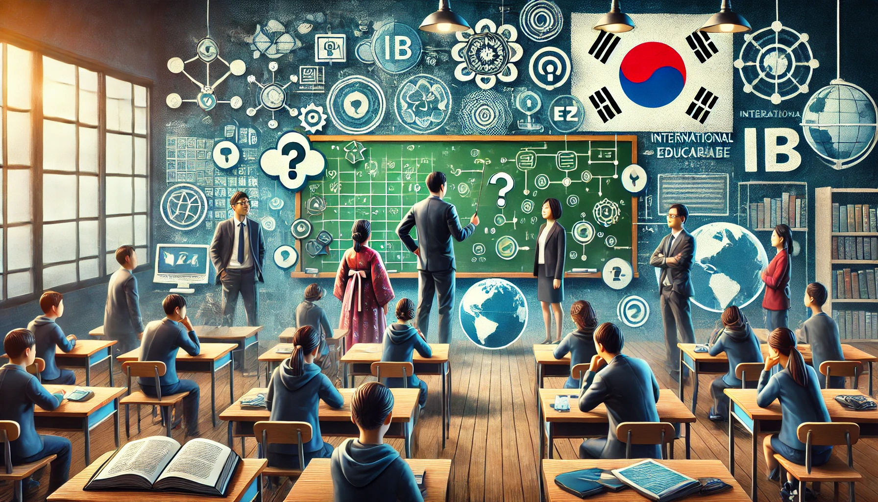 IB 프로그램을 한국 교육 시스템에 통합하는 도전 과제를 강조하는 이미지