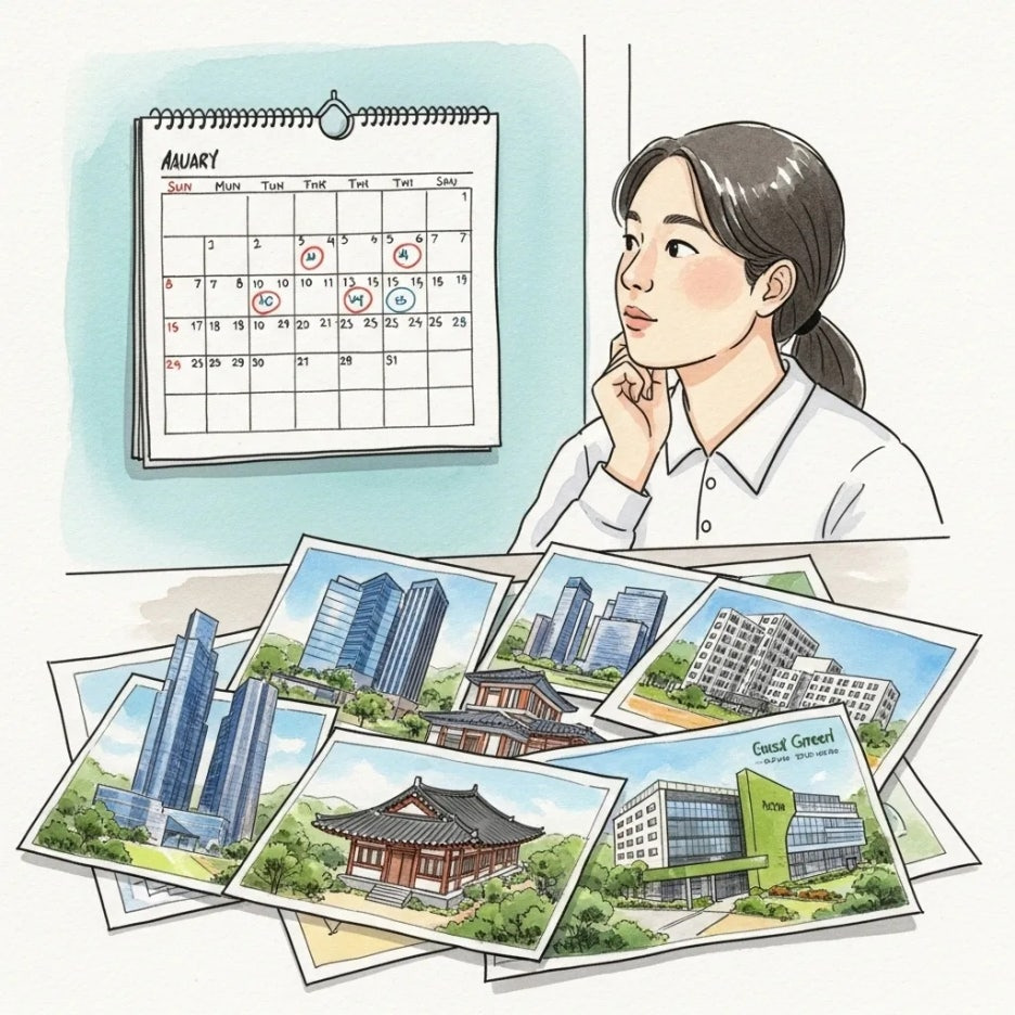 사람이 달력과 건축 계획을 보며 미래를 구상하는 모습