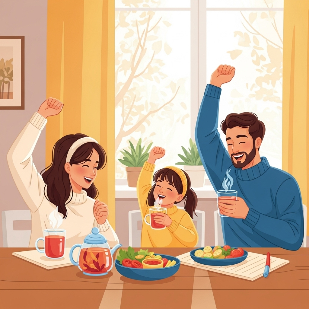 2025년 환절기 독감 예방을 위해 건강한 생활 습관을 실천하며 활기차게 웃는 가족의 모습