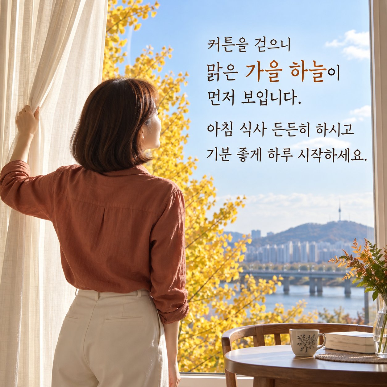 가을 아침 인사 이미지 11 — 커튼을 걷으니 맑은 가을 하늘이 먼저 보입니다. 아침 식사 든든히 하시고 기분 좋게 하루 시작하세요.