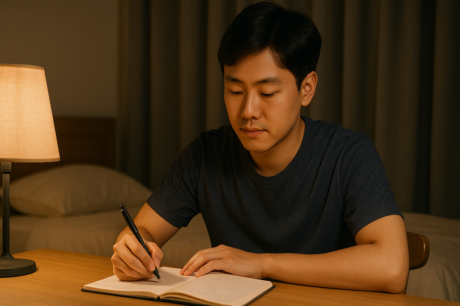 잠자기 전, 책상에 앉아 일기를 작성하는 남성의 모습