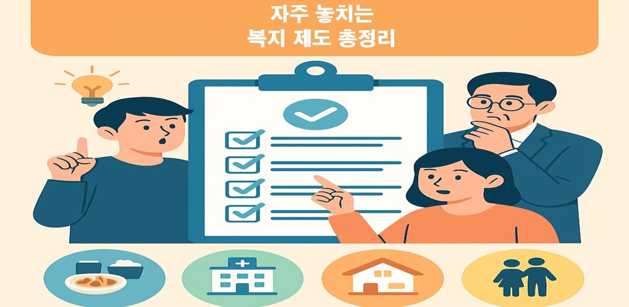 Flat-style infographic showing commonly missed welfare policies and benefits in Korea.
