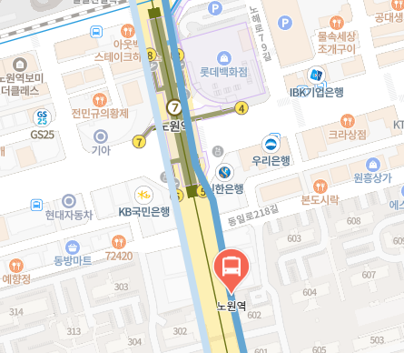 노원역에서 인천공항 리무진 공항버스(6100번) 지도 위치