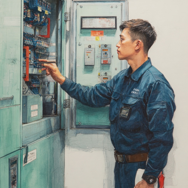전기기사 가 빌딩관리를 하는 모습