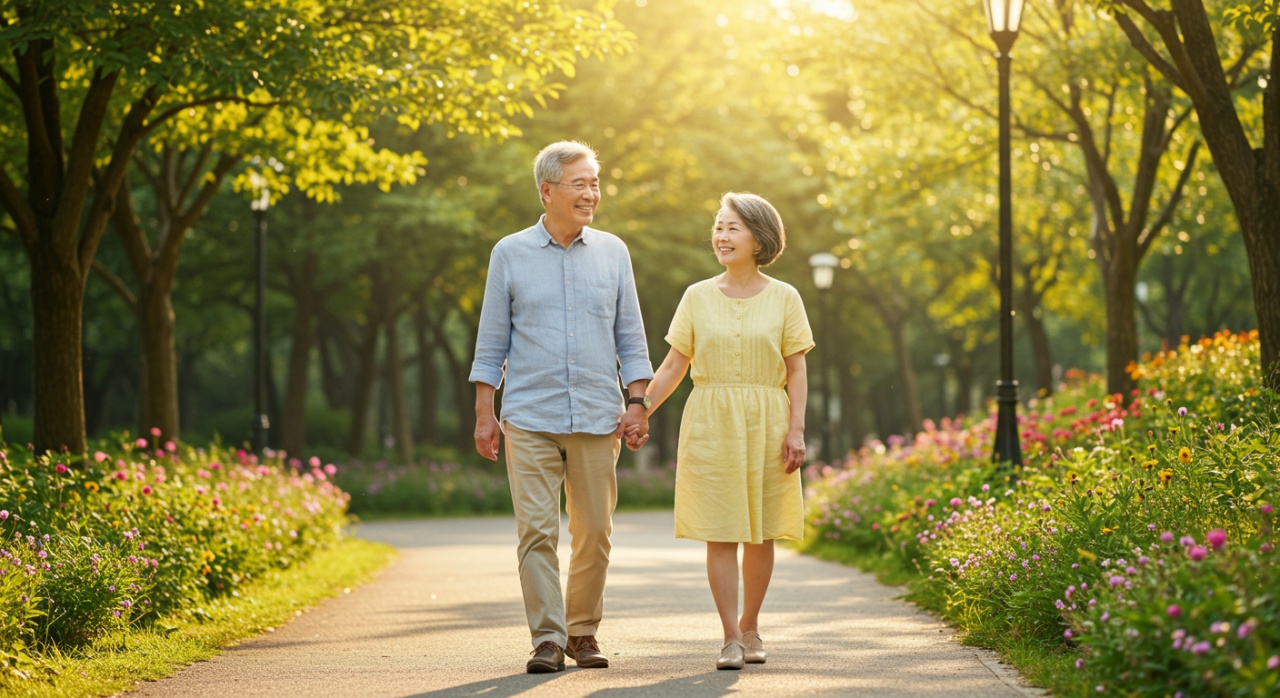 화창한 날 공원을 산책하는 행복한 장년 부부