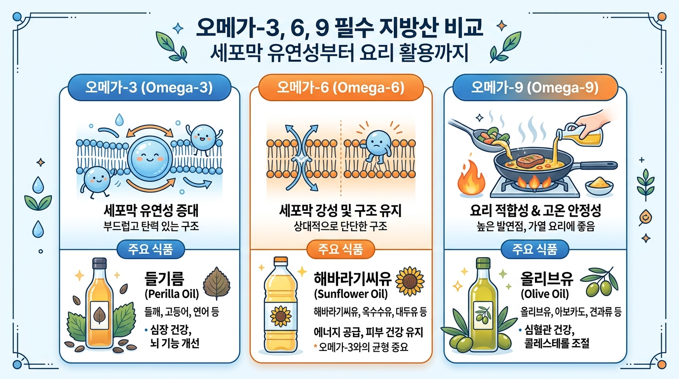 alt="오메가3 오메가6 오메가9 식용유 종류 비교 세포막 건강 인포그래픽"