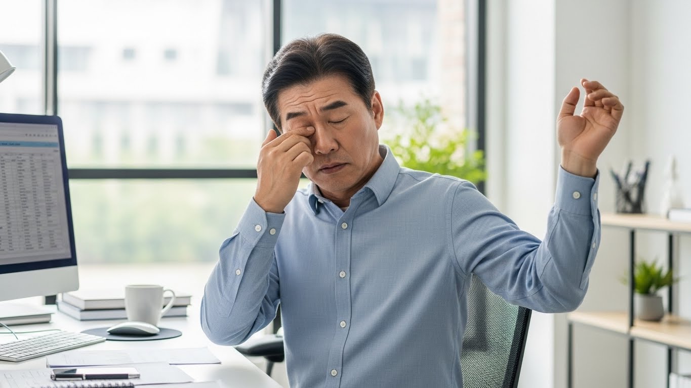 일시적인 시력 저하와 팔 저림 증상을 느끼는 미니 뇌졸중(TIA) 환자의 모습