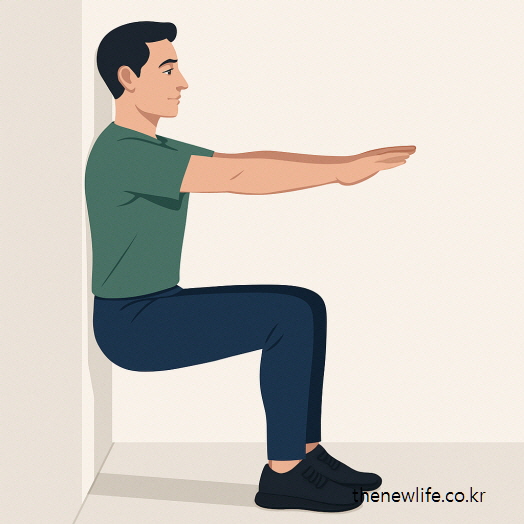 Beginner performing a wall sit exercise with back supported against the wall to strengthen lower body
-벽에 등을 기대고 앉는 자세로 하체 근력을 단련하는 초보자용 벽 스쾃 운동 동작