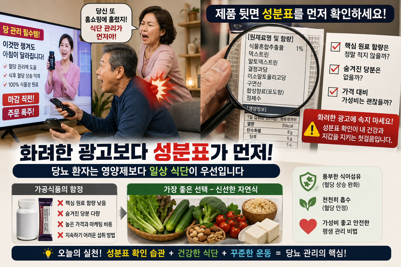 당뇨 환자가 홈쇼핑 건강식품보다 제품 뒷면 성분표를 먼저 확인하는 방법을 설명한 인포그래픽