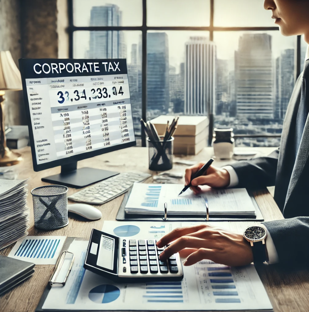 사무실에서 법인세를 계산하는 직원