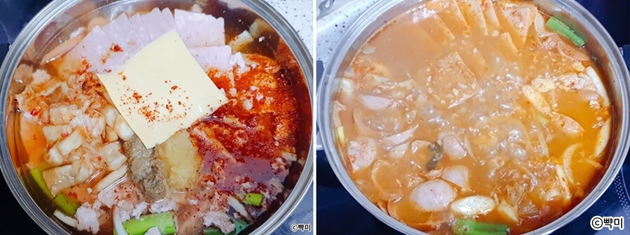 물과 슬라이스치즈를 넣고 진하게 끓이는 부대찌개 양념장 레시피 과정