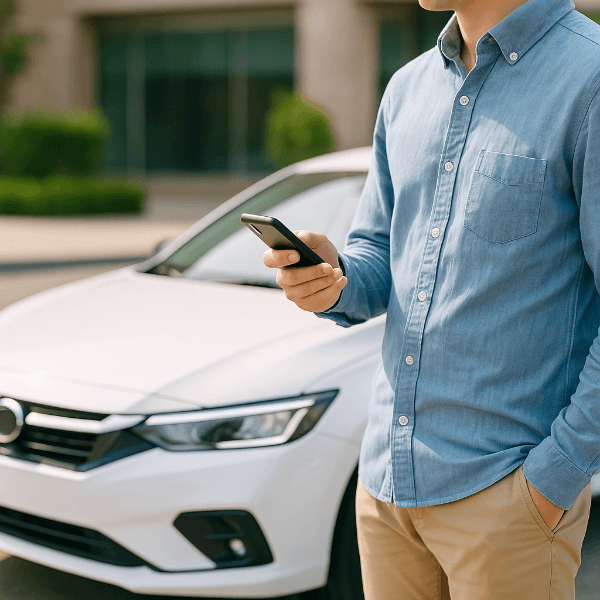 자동차세 연납 할인 신청을 위해 스마트폰을 확인하는 운전자