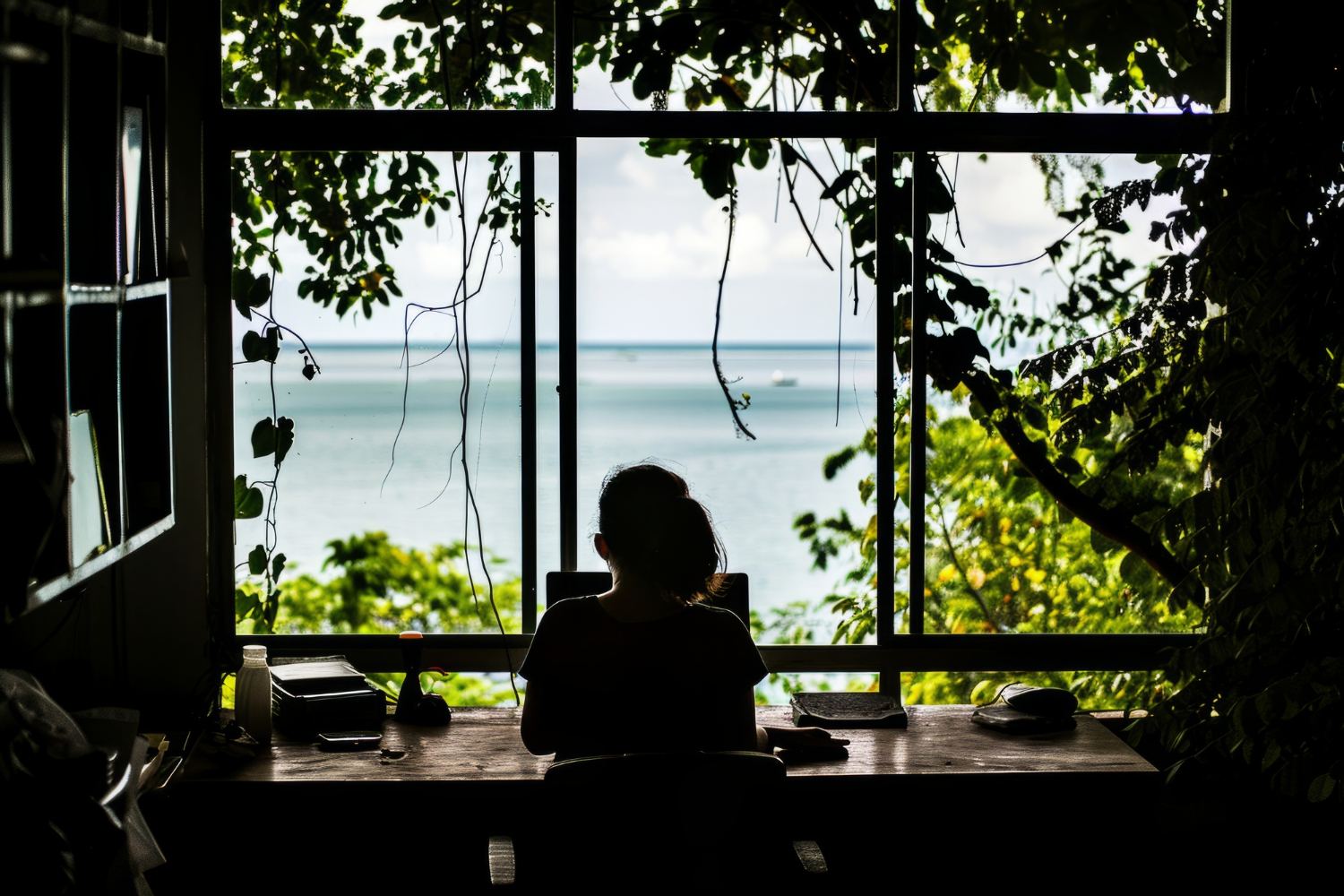 창밖을 바라보며 생각에 잠긴 여성의 모습