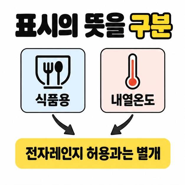식품용과 내열온도 표시에서 각각 화살표가 전자레인지 허용과는 별개라는 문구로 이어지는 도식