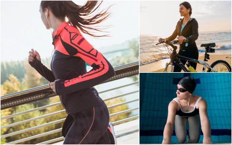 달리기, 자전거, 수영으로 유산소 운동을 하고 있는 여자