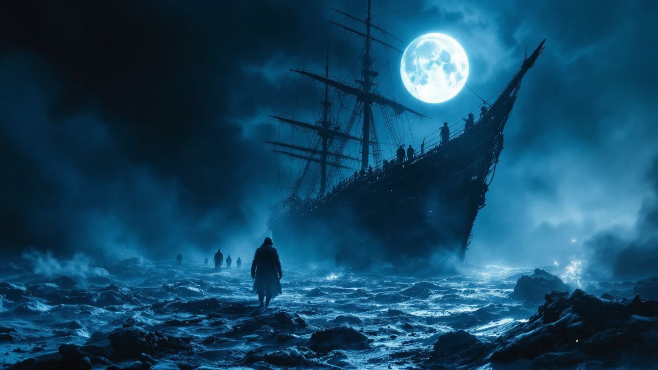 A mysterious ghost ship under the full moon at sea, symbolizing the SS Orang Medan incident