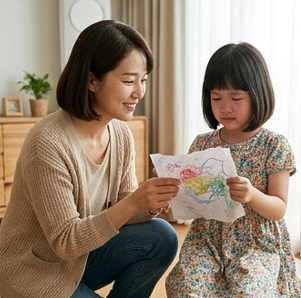 엄마와 딸이 그림을 다시 들여다보는 모습
