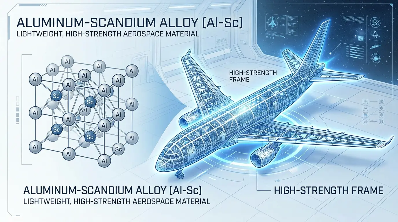 알루미늄-스칸듐 합금 구조와 항공우주 적용 부위를 설명하는 일러스트