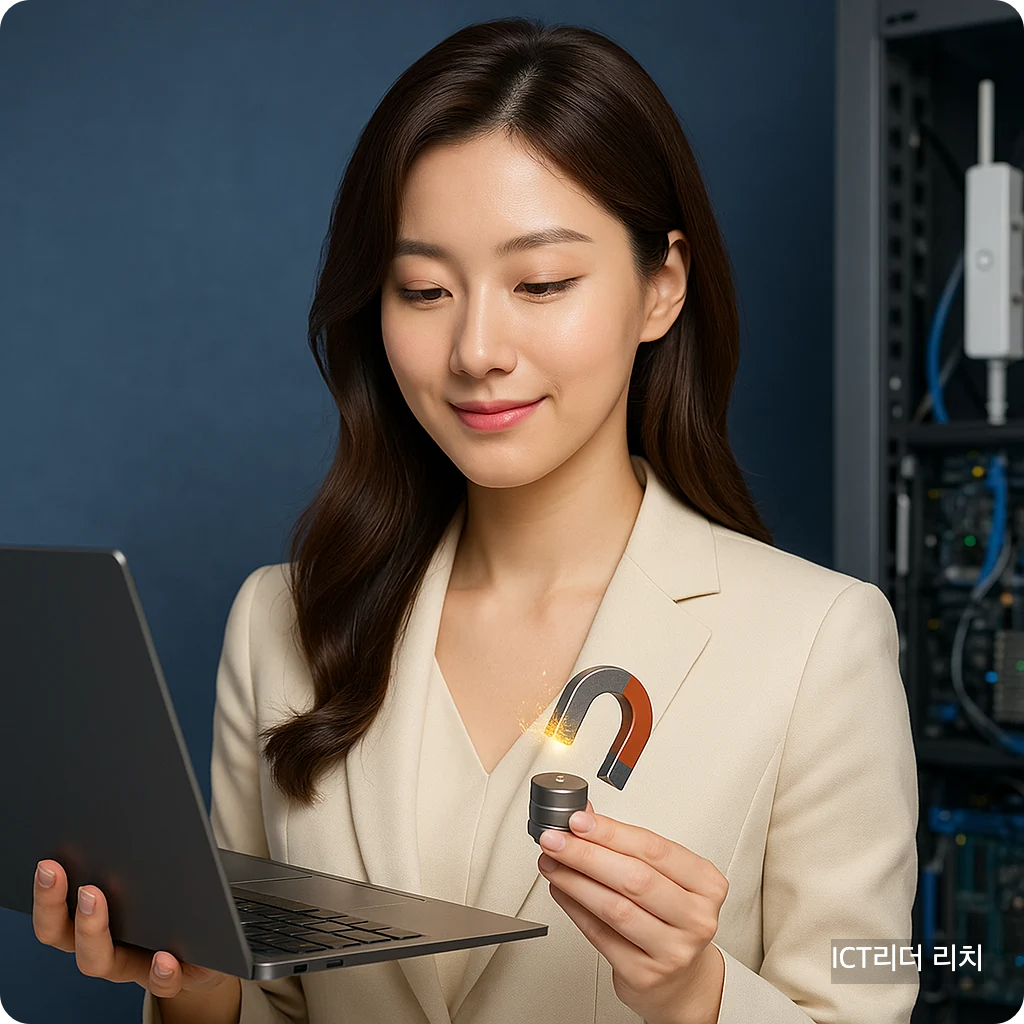밝고 환한 피부의 20대 여성 전문가가 ICT 기기를 분석하며 희토류 부품을 응시하는 자연스러운 장면