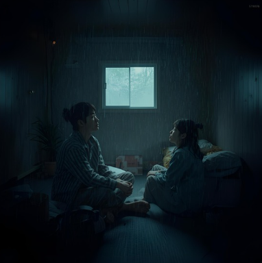 어두운 좁은 방에 우울하게 앉아있는 가족들