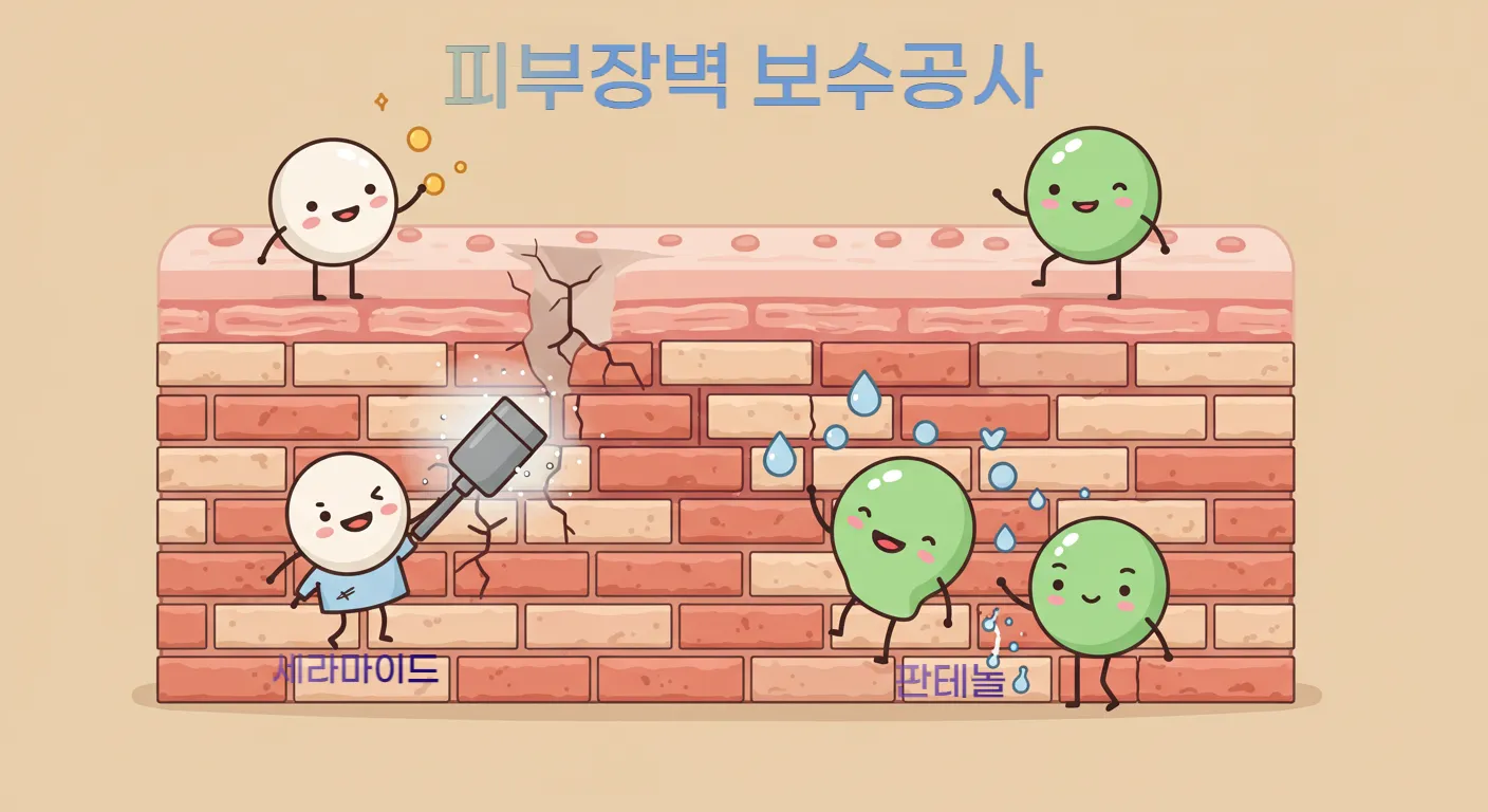 &quot;벽돌과 시멘트로 비유된 피부 장벽 구조와, 세라마이드, 판테놀 성분이 무너진 장벽을 복구하는 모습&quot;