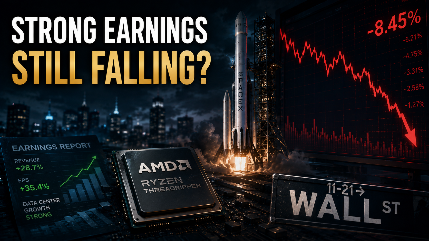 AMD processor, SpaceX rocket, and falling stock market chart illustrating why AI companies can decline despite strong earnings.