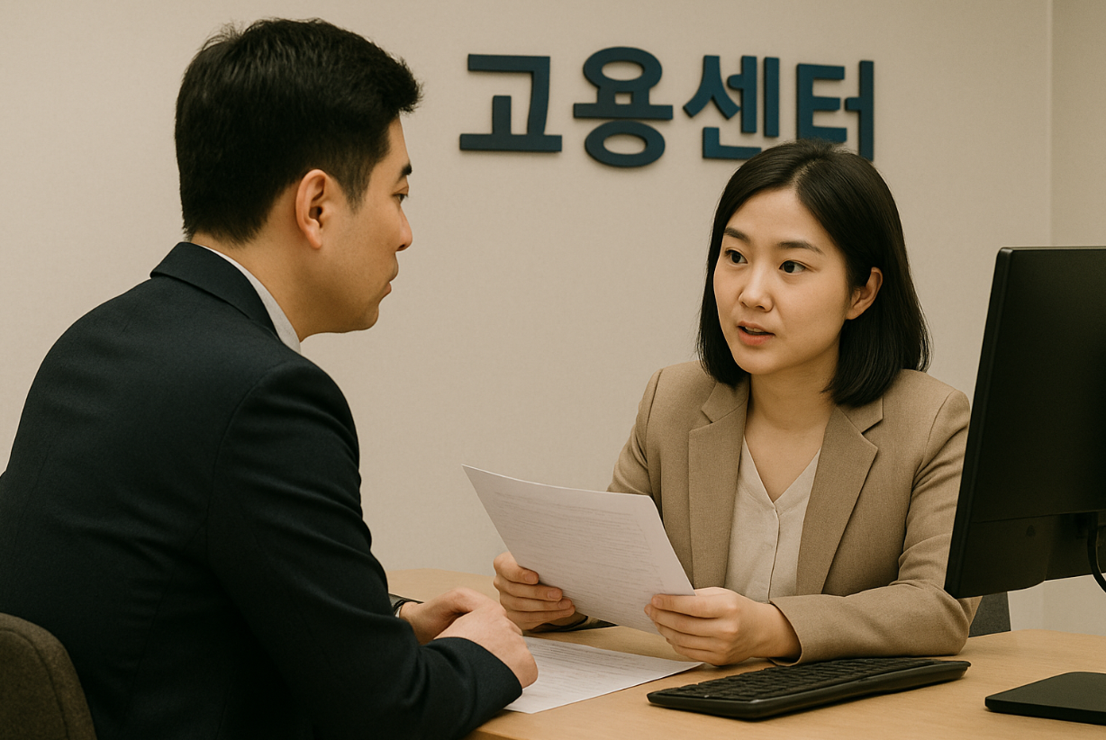 고용센터에서 실업급여 관련 상담을 받는 직장인의 모습
