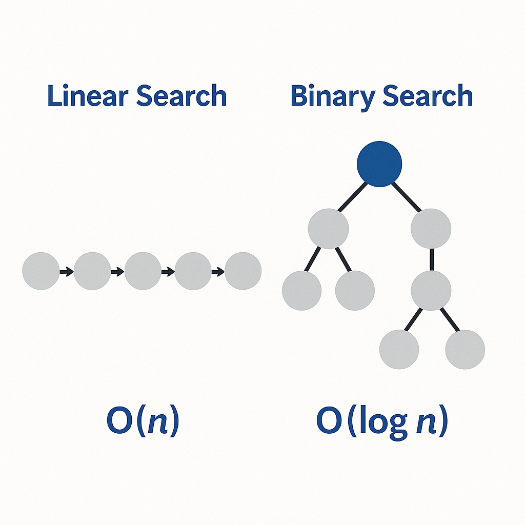 이진 탐색 vs 선형 탐색 비교 다이어그램