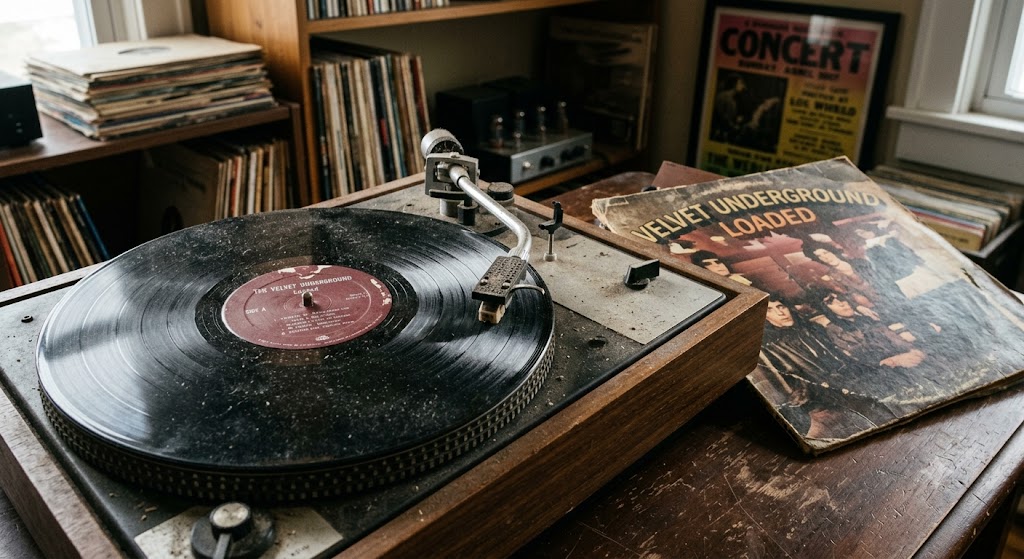 먼지 쌓인 턴테이블 위에 놓인 빈티지 LP 레코드판, 옆으로 비스듬히 기댄 빈 재킷 슬리브