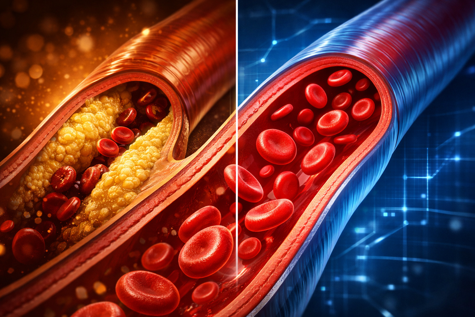 한쪽은 노란색 콜레스테롤 침착물로 부분적으로 막혀 혈류를 제한된 동맥, 다른 한쪽은 매끄러운 적혈구가 자유롭게 흐르는 깨끗하며 유연한 동맥