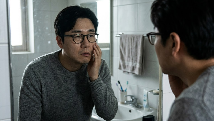 구안와사 증상이 있어서 거울을 보고 있는 모습