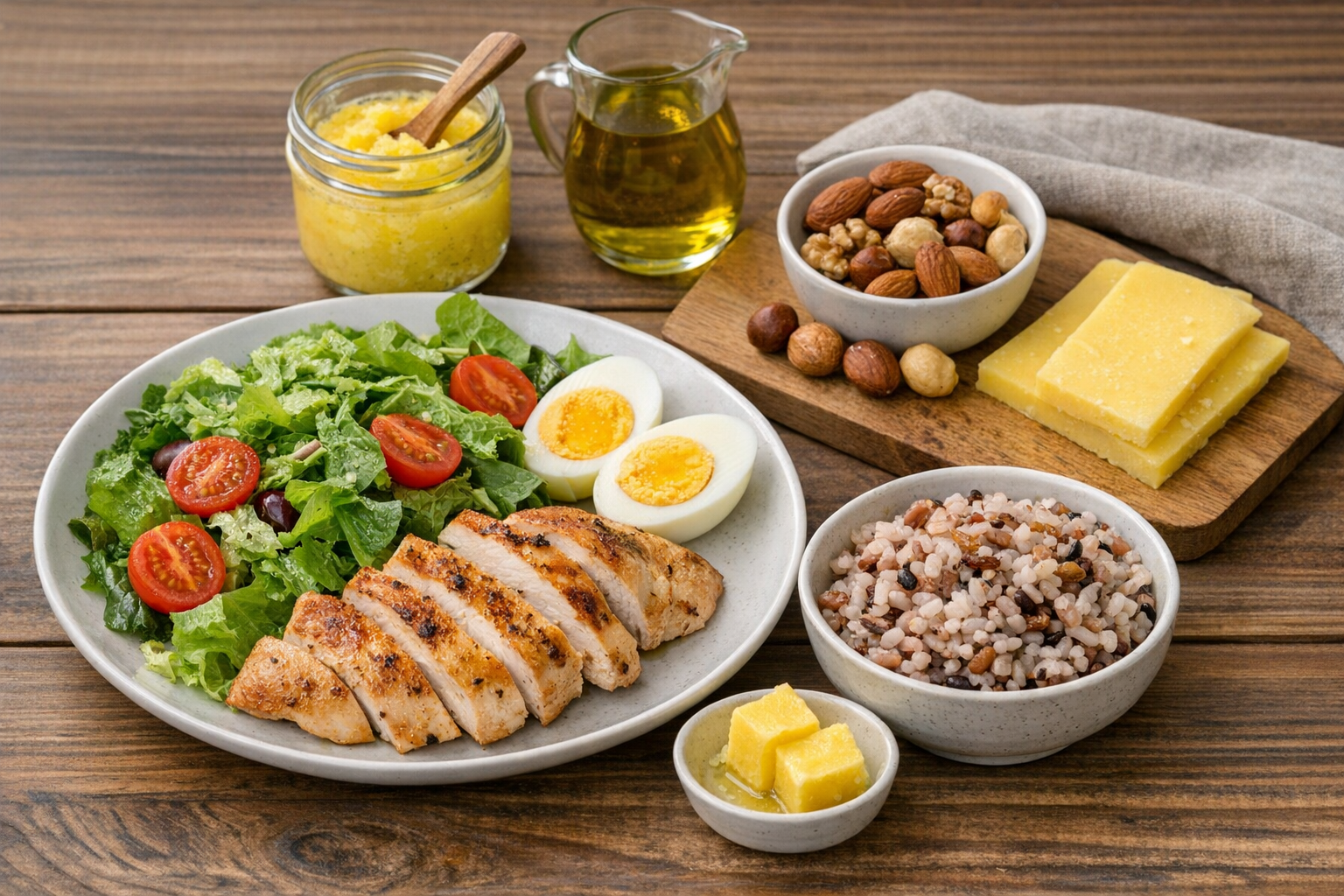 갱년기 식단으로 혈당을 안정시키기 위한 단백질, 건강한 지방, 채소 중심 식단 구성 이미지