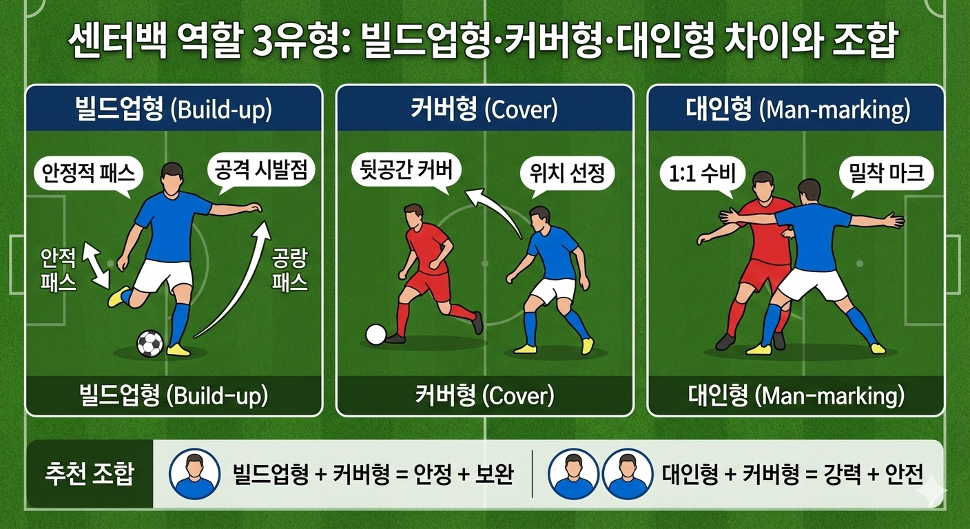 축구 센터백 역할 3유형 분석: 빌드업형(볼 플레잉), 커버형(스위퍼), 대인마크형(스토퍼)의 플레이 스타일 차이 및 최적의 수비 듀오 조합 인포그래픽
