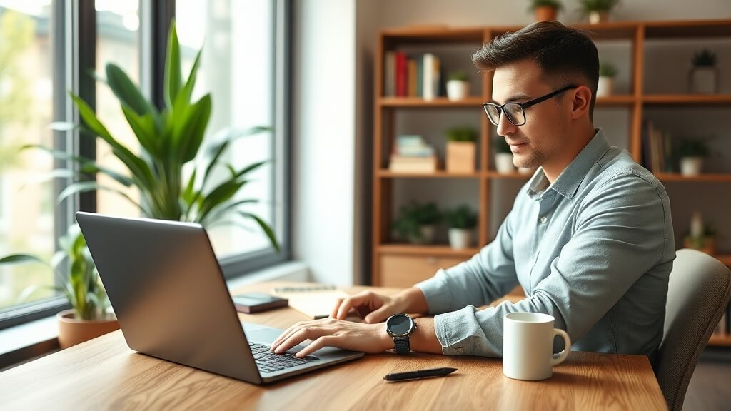 집에서 편안한 차림으로 노트북을 이용해 재택근무를 하거나 화상 회의에 참여하는 직장인의 모습. 유연한 업무 환경을 상징한다